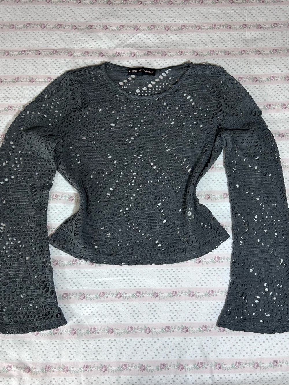 Almost Famous Charcoal Crochet Long Sleeve Top